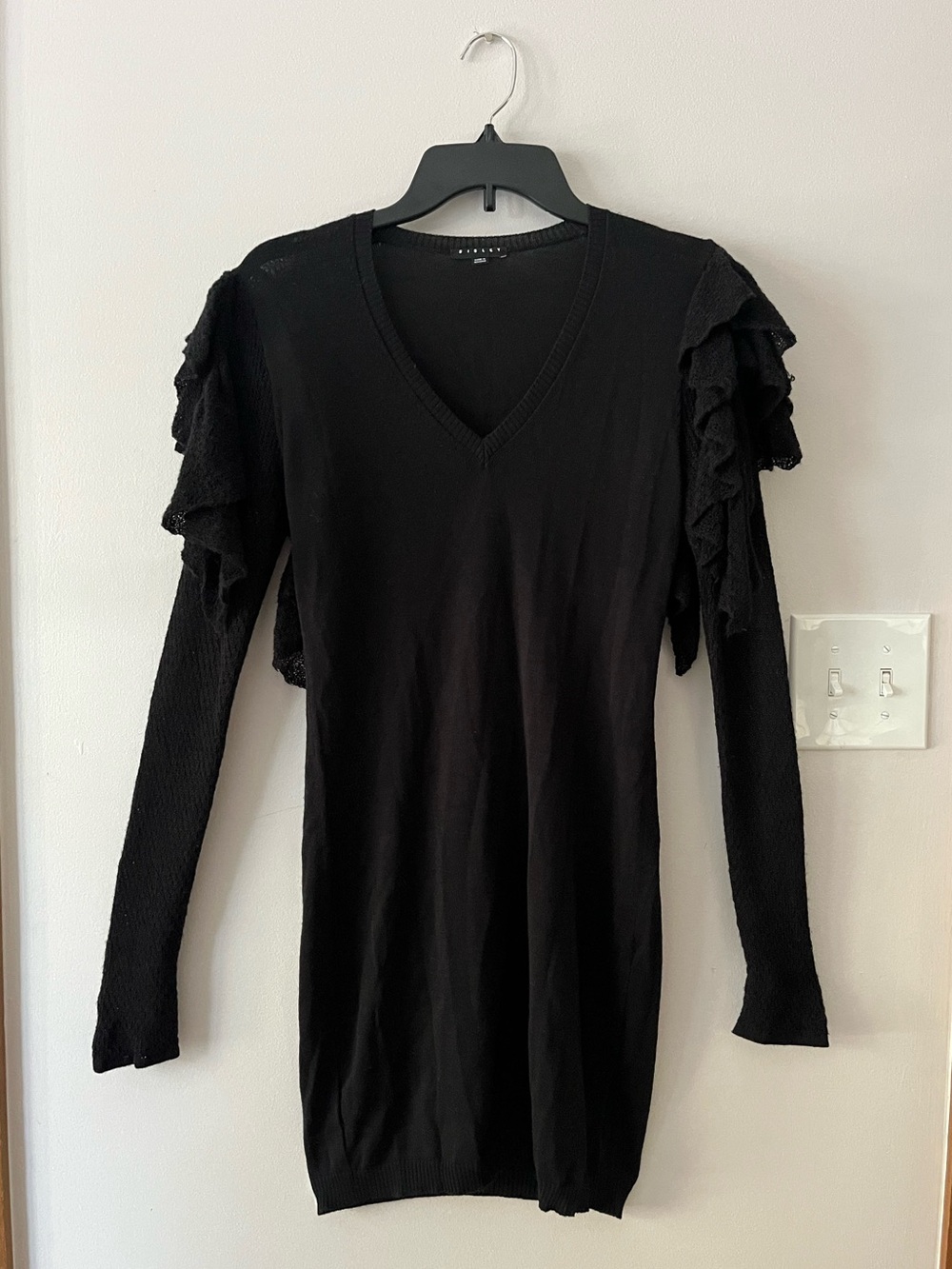 Sisley Black Wool Blend Draped Puff Shoulder Sweater Dress Small